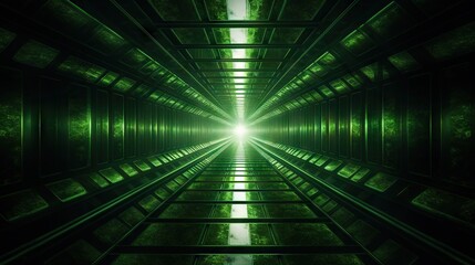  a green tunnel with a light at the end of it.  generative ai