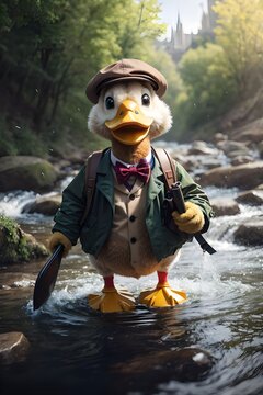 Duck with backpack in the forest generative ai 