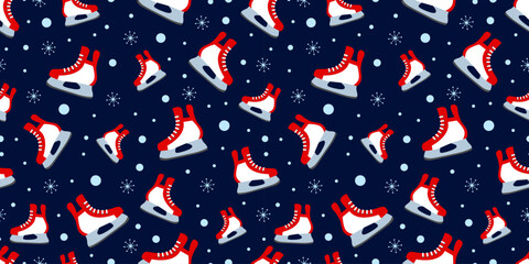 Winter sports repeated background. ice skates seamless pattern. vector illustration. Cute skate symbol on a blue background with snow and snowflakes. Wintery outdoors and activities template texture.