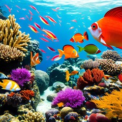 Fototapeta na wymiar A surreal underwater coral reef teeming with exotic fish and sea life2, Generative AI