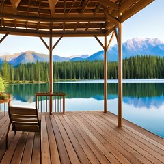 A serene lakeside gazebo with a view of the mountains and a calm lake1, Generative AI