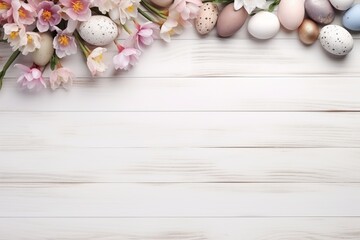Fototapeta na wymiar Celebrate Easter with this heartwarming flat lay, featuring vibrant eggs, delicate flowers, and a charming bunny doll, thoughtfully arranged on a rustic white wooden tabletop