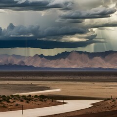 A dramatic thunderstorm over a serene desert landscape2, Generative AI