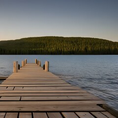 A tranquil lakeside scene with a wooden pier stretching over calm waters1, Generative AI