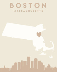 Silhouette of Boston skyline in a vintage-style illustration with a heart in the middle