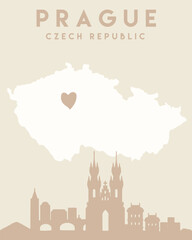 prague city skyline illustration with heart on beige background, czech republic illustration