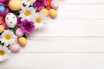 Celebrate Easter with this heartwarming flat lay, featuring vibrant eggs, delicate flowers, and a charming bunny doll, thoughtfully arranged on a rustic white wooden tabletop