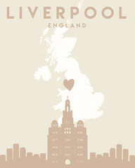 Eye-catching poster featuring the iconic skyline of Liverpool, England, in pink tones