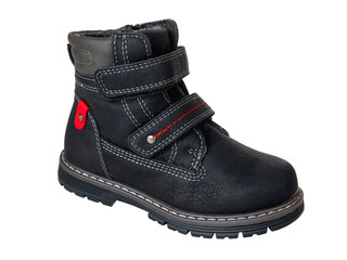 Waterproof leather boots with durable sole, high instep shoes for children, isolated on white background