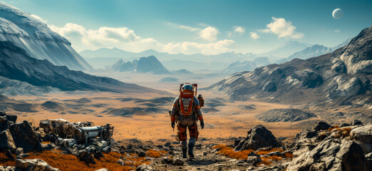 An astronaut in his suit, sitting on the shore of a newly discovered world, back view - obrazy, fototapety, plakaty