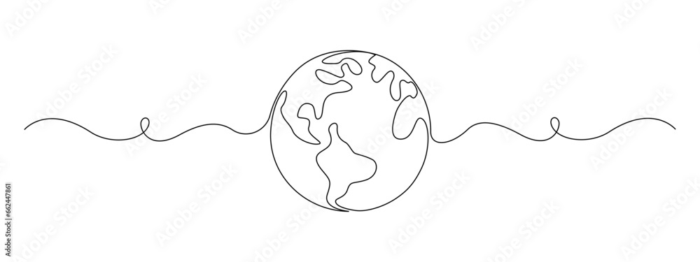 Poster one continuous line drawing of earth globe. world map in simple linear style. travel and flight conc