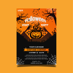 Happy Halloween party posters set with night clouds and pumpkins in paper-cut style. Vector illustration. Full moon, witch cauldron, spider web and flying bat. Place for tex