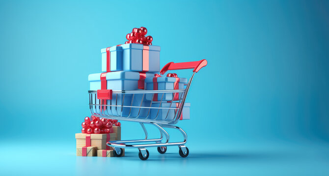 shopping cart with  blue gift boxes,red ribbons bow, blue background with copy space 