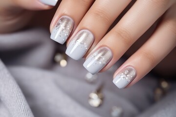 A close up of a person's hand with a white and silver manicure