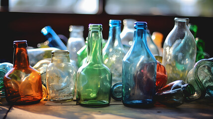 Des déchets de bouteilles en verre prêt à être recyclés.  - obrazy, fototapety, plakaty