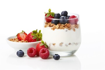 A glass of yogurt with berries and granola