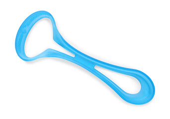 One light blue tongue cleaner isolated on white, top view. Dental care