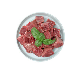 Fresh raw cut beef with basil leaves isolated on white, top view