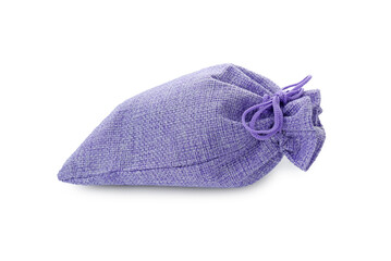 One tied violet burlap bag isolated on white