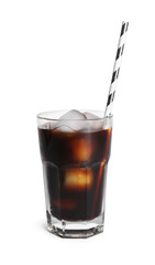 Refreshing iced coffee in glass with straw isolated on white