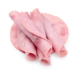 Rolled slices of tasty ham isolated on white