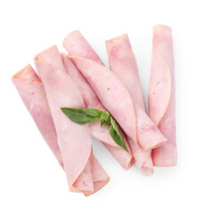 Rolled slices of tasty ham and basil isolated on white, top view