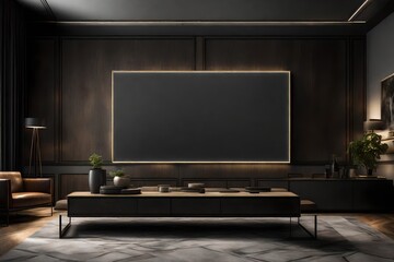 A Canvas Frame for a mockup suspended by thin, nearly invisible wires in a modern TV room, creating a floating effect