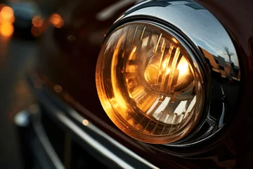 Schilderijen op glas Close-up of the headlight of a vintage car in the city © Alex