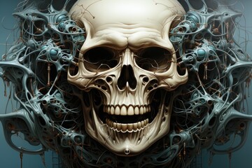 A skull made out of gears and wires - obrazy, fototapety, plakaty