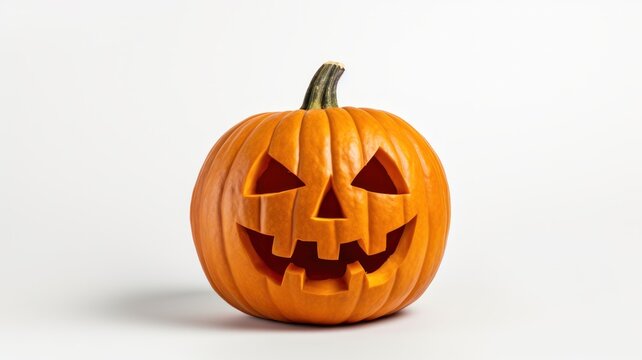 Jack-o-lantern pumpkin with carved face on white background, symbol of Halloween.
