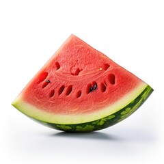A slice of watermelon is shown on a white surface