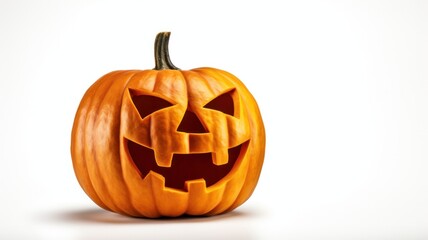 Obraz premium Jack-o-lantern pumpkin with carved face on white background with copy space, symbol of Halloween.