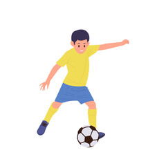 Little boy soccer player cartoon character playing football kicking ball enjoying sport training