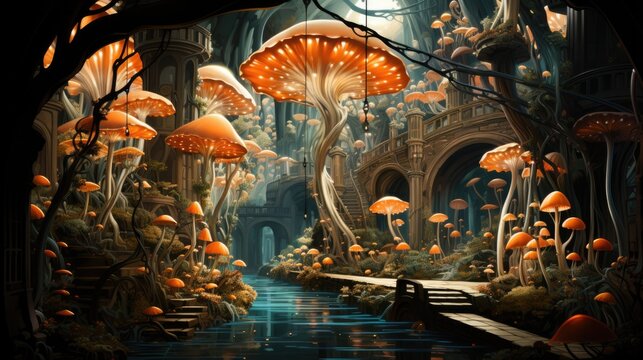 A painting of a fantasy forest with lots of mushrooms