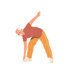 Old senior man cartoon character doing joint gymnastics morning physical exercise isolated on white