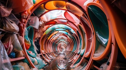  a tunnel of colorful plates and bowls in a room filled with plastic bags.  generative ai