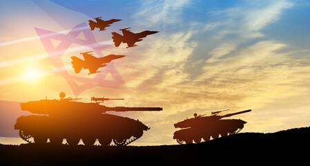 Silhouettes of army tanks and fight planes on background of sunset with a transparent waving Israel...