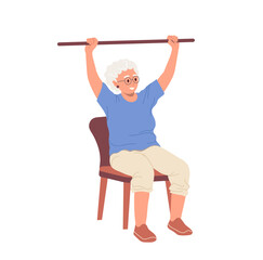 Old senior woman cartoon character doing training workout with body-bar equipment sitting on chair