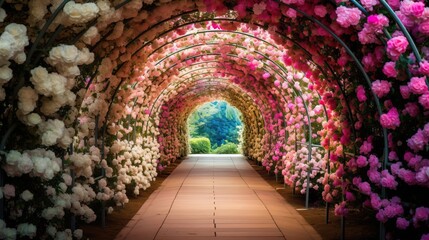  a walkway lined with pink and white flowers on both sides of it.  generative ai