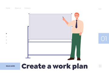 Business landing page template with create work plan inscription and businessman giving presentation