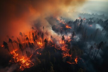 AI generated illustration of  An aerial view of a raging fire burning through a forest - obrazy, fototapety, plakaty