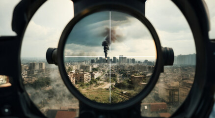 city ​​hit by an enemy missile seen through the scope of a sniper's rifle - obrazy, fototapety, plakaty