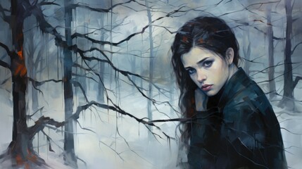 A painting of a woman in a forest depression and despair.