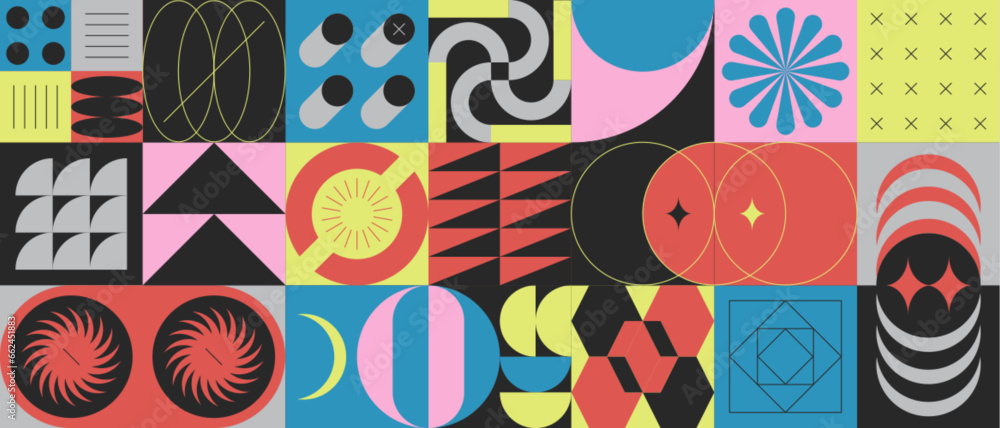 Poster abstract pattern design with geometric brutalism shapes or brutal contemporary figures. retro simple