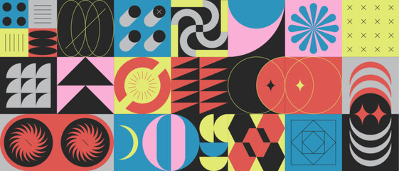 Abstract pattern design with geometric brutalism shapes or brutal contemporary figures. Retro simple vector elements. Bauhaus geometry artwork, minimal brutalist style with basic futuristic forms.