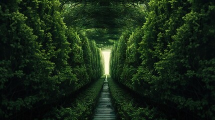 a tunnel of trees with a train track going through it.  generative ai