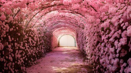  a tunnel of pink flowers with a tunnel in the middle.  generative ai