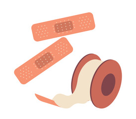Medical adhesive plaster wound patches kit and duct tape roll isolated on white background
