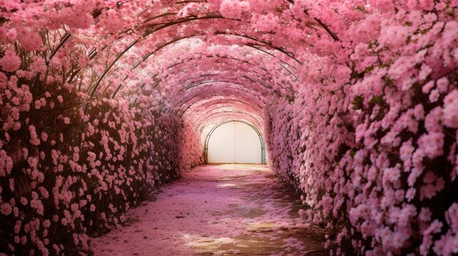 Fototapeta  a tunnel of pink flowers with a tunnel in the middle.  generative ai