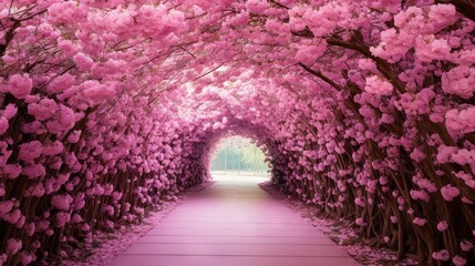  a tunnel of trees with pink flowers on the trees lining the walkway.  generative ai